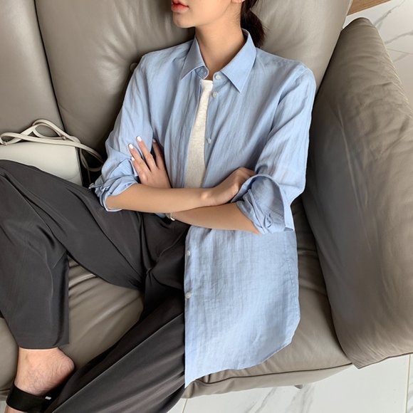 CHICJOC Women 100% Ramie Botton-down shirt size 36 in baby blue - Picture 15 of 16